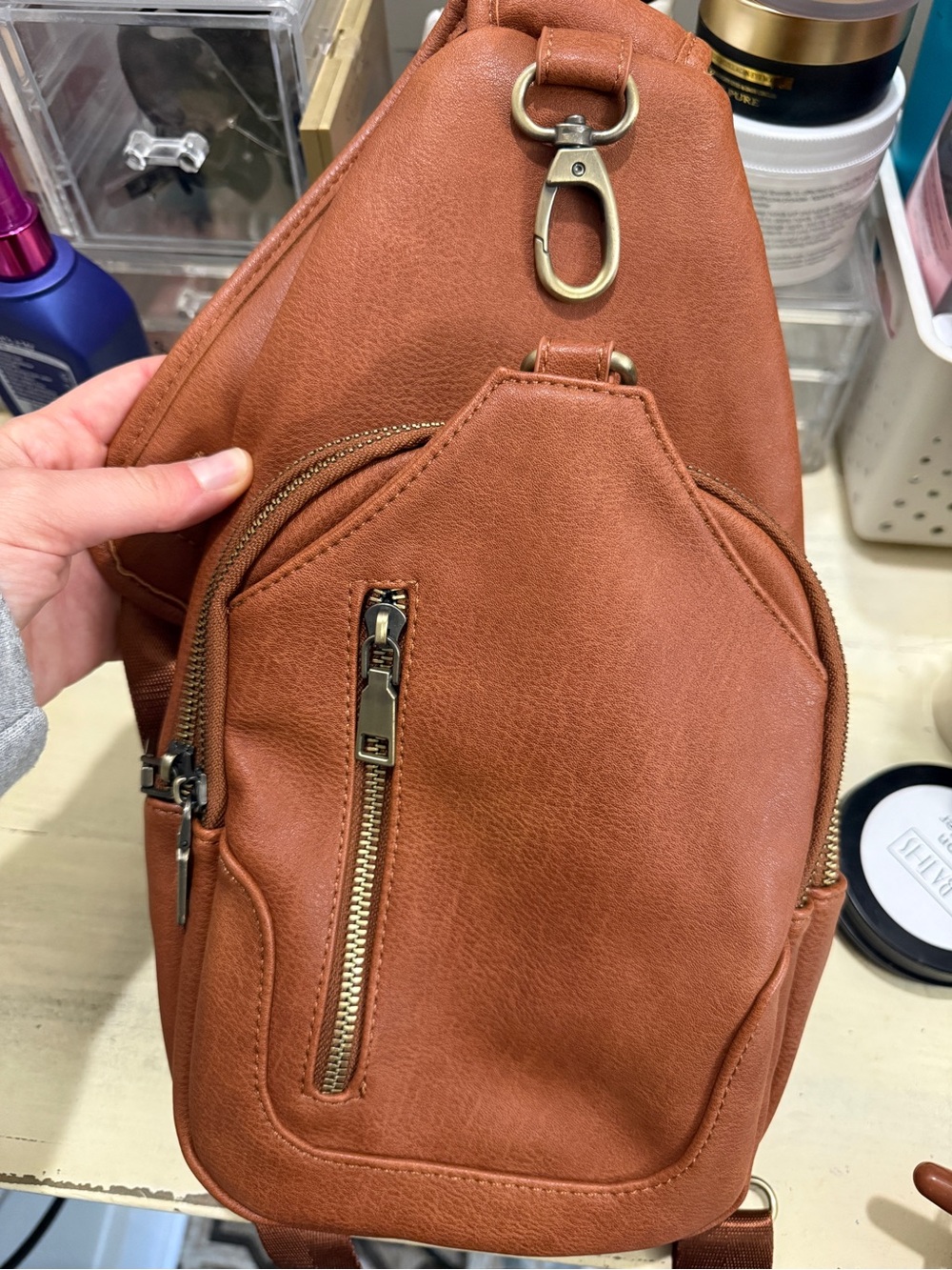 Tan Faux Leather Crossbody Sling Bag
